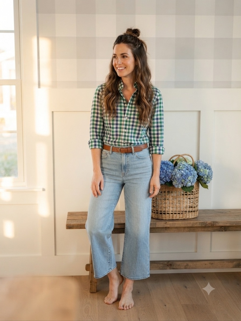 Lands' End Cotton Green and Navy Plaid Button-Down Shirt Medium